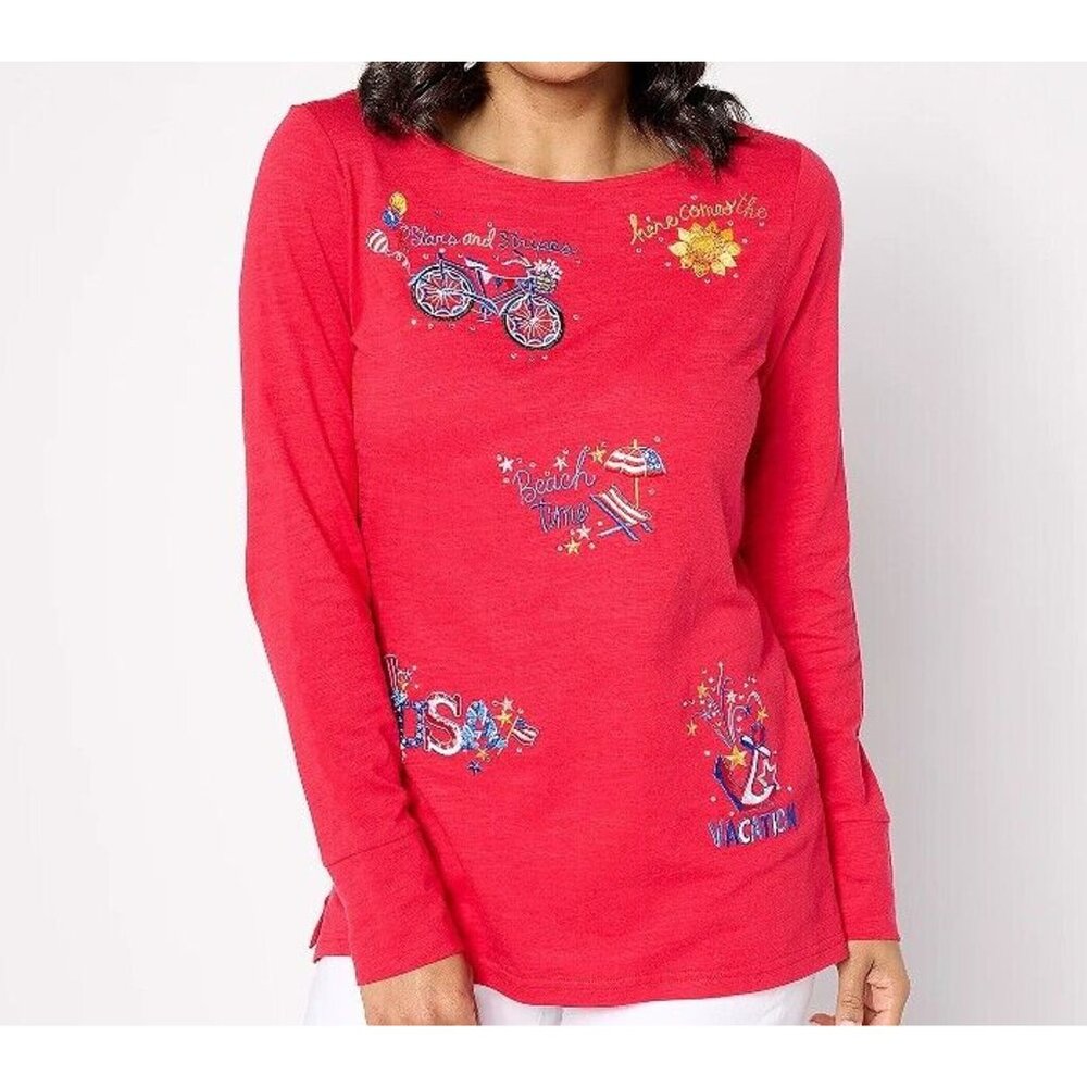 Quacker Factory Women XXL Long Sleeve Top Red Patriotic Summer Embroidered